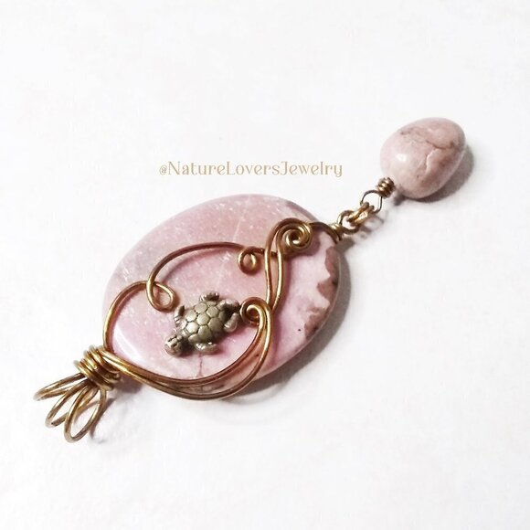 Uniquely Wire Wrapped Turtle + Rhodonite Stone Pendant - Statement Jewelry!!! - Picture 2 of 9